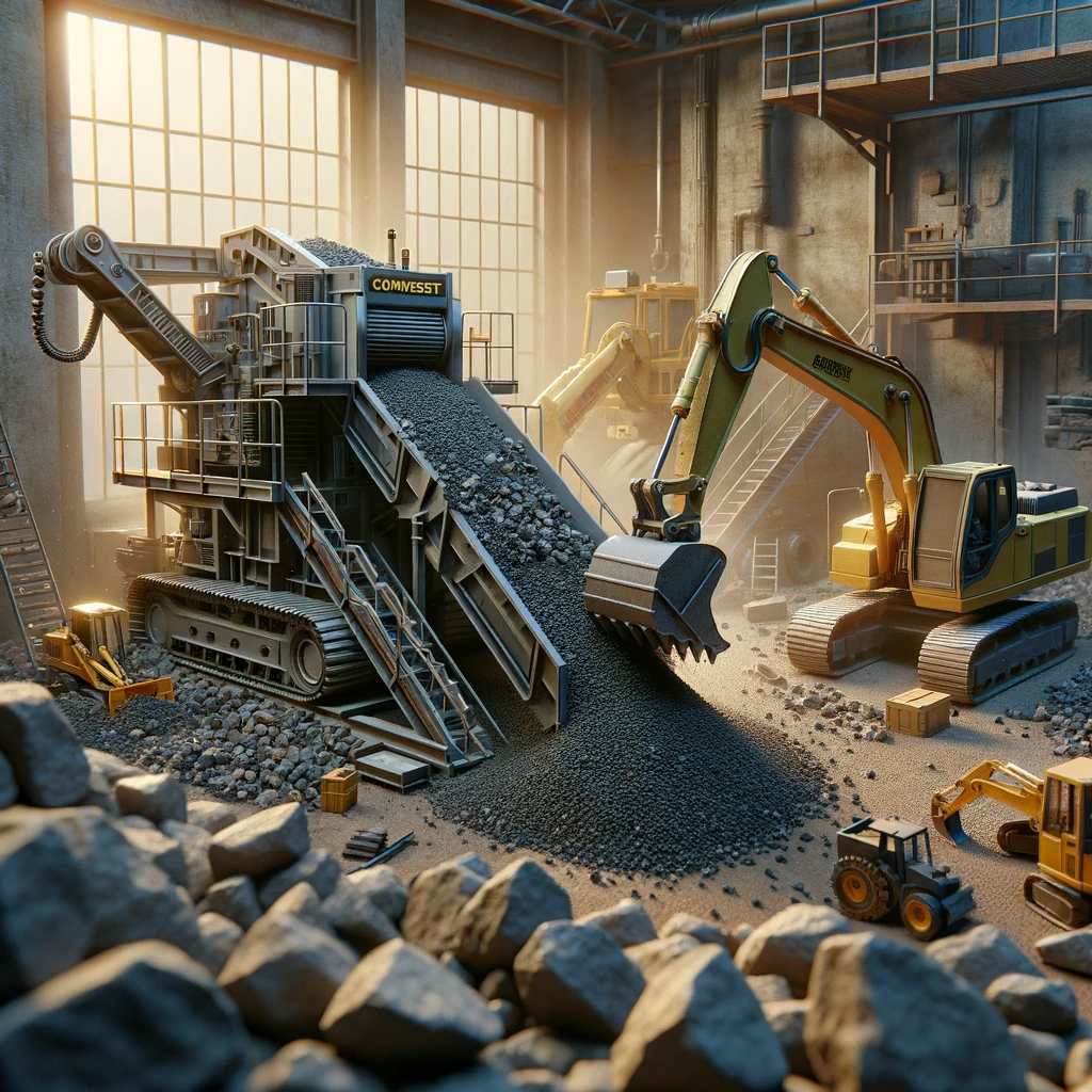 Concasseur Compact et Mini-Pelle en Action dans un Environnement Industriel